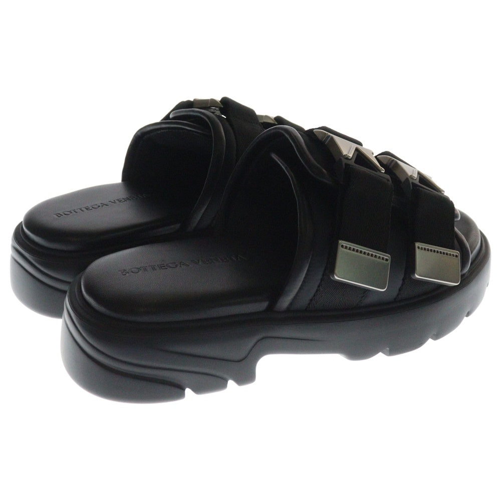 BOTTEGA VENETA(ボッテガヴェネタ) FLASH フラッシュ ダブルバックル レザー ナイロン フラットサンダル ブラック/シルバー