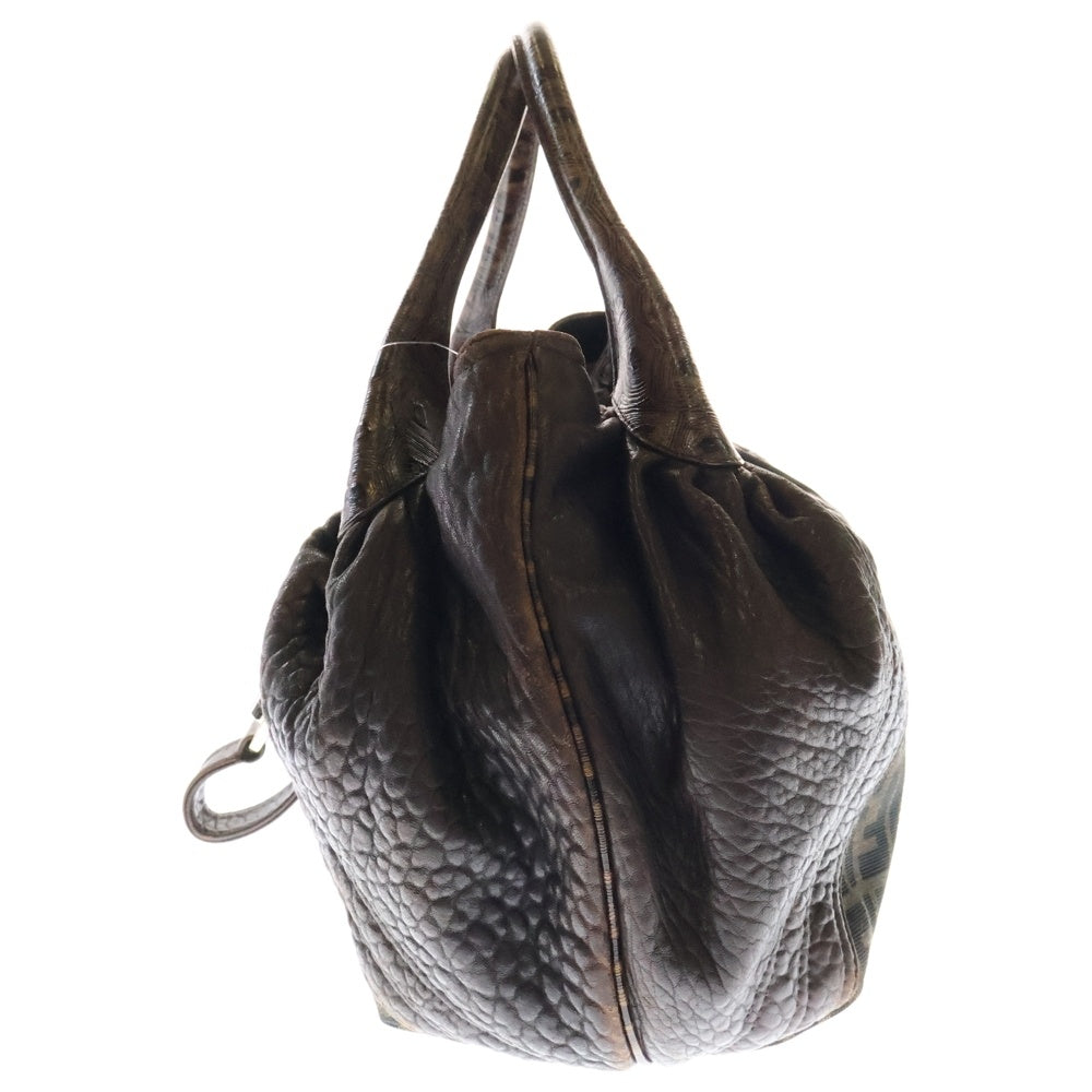 FENDI(フェンディ) スパイ ズッカ柄 がま口 キャンバス レザー ハンドバッグ シルバー金具 ブラウン レディース