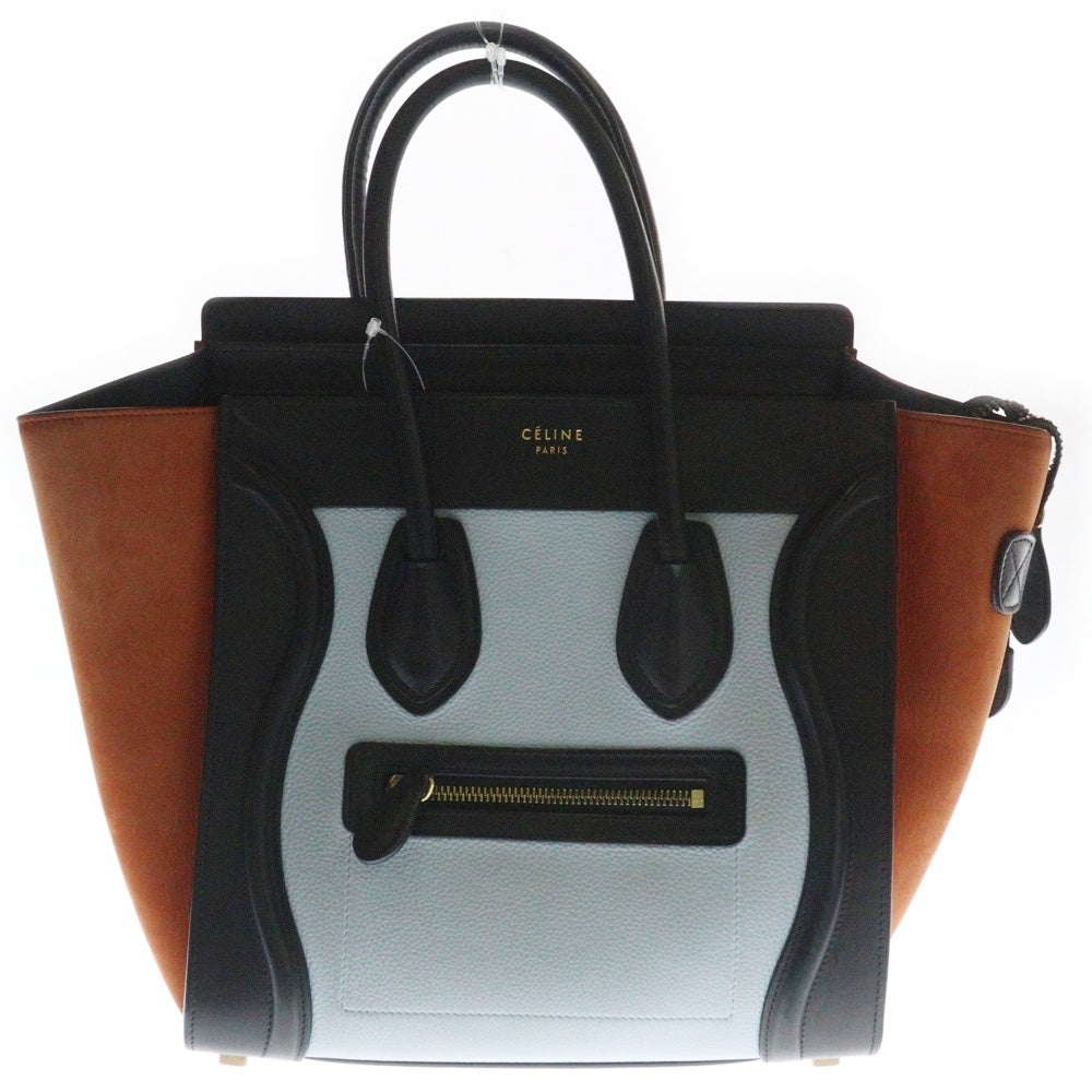CELINE(セリーヌ) ラゲージ マイクロ ハンドバッグ トートバッグ ブラック×オレンジ×ライトブルー レザー ゴールド金具