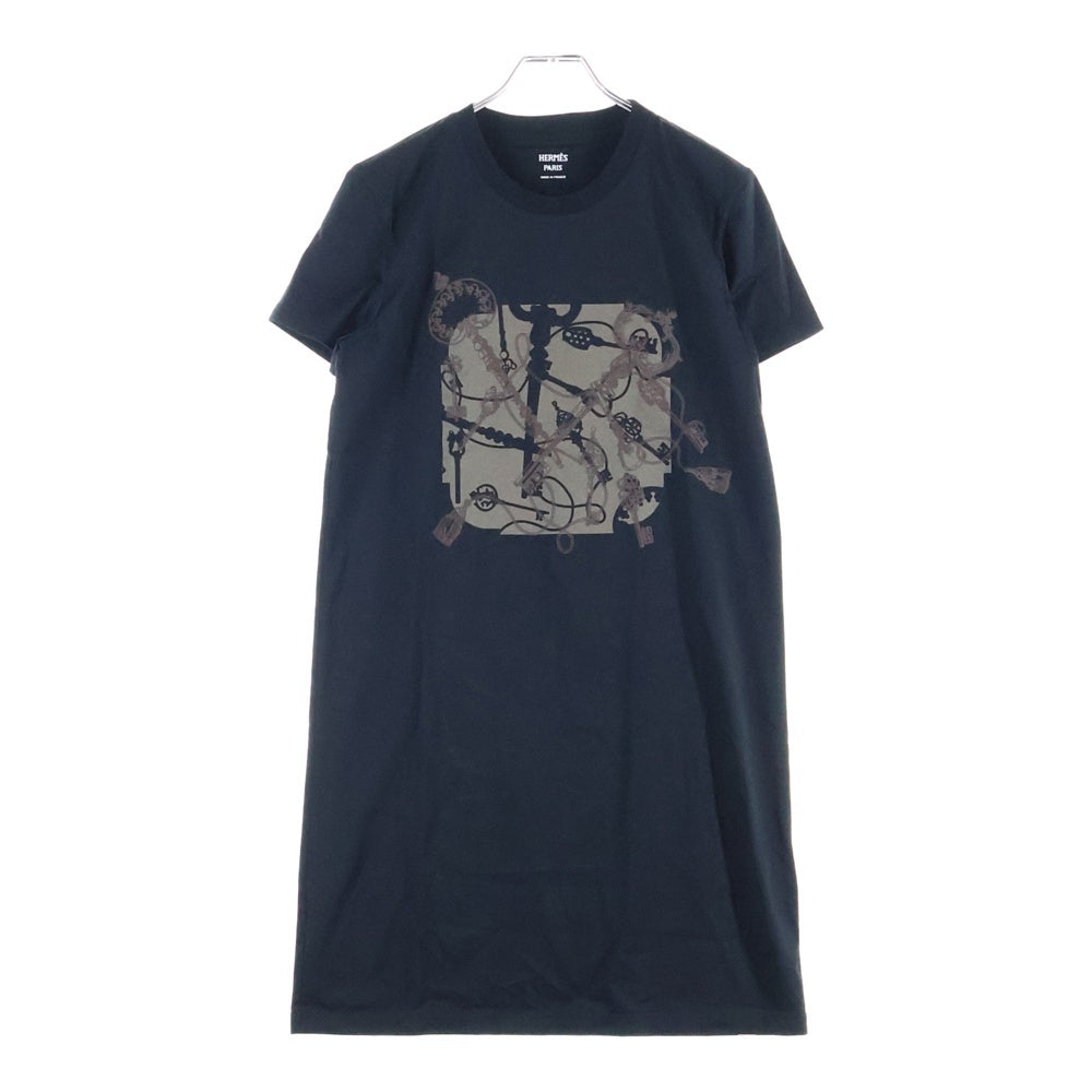 HERMES(エルメス) カルトゥッシュ キー チェーン プリント クルーネック 半袖 ロング Tシャツ カットソー ワンピース ドレス ブラック レディース