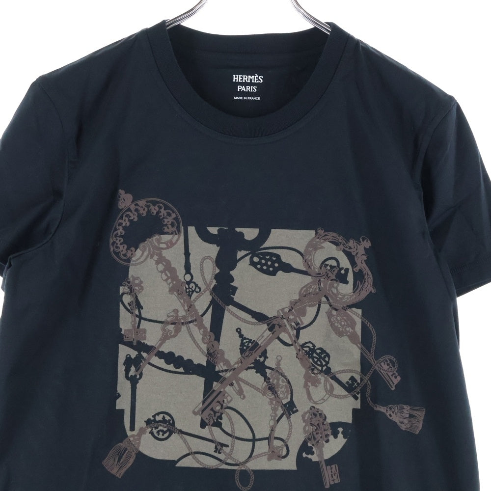 HERMES(エルメス) カルトゥッシュ キー チェーン プリント クルーネック 半袖 ロング Tシャツ カットソー ワンピース ドレス ブラック レディース