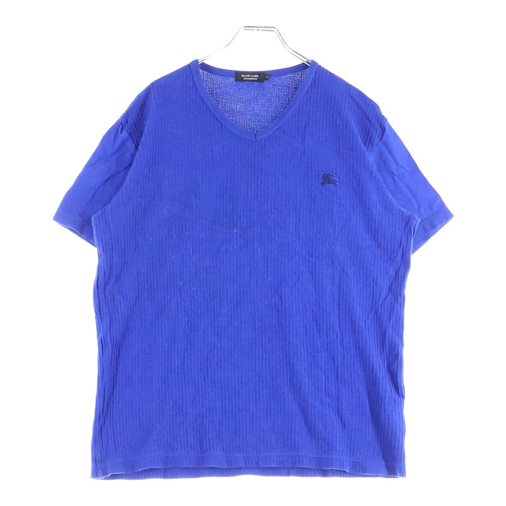 BURBERRY BLACK LABEL(バーバリー ブラックレーベル) ワンポイントロゴ刺繍 Vネック ワッフル生地 長袖Tシャツ カットソー ブルー D1P24-123-25