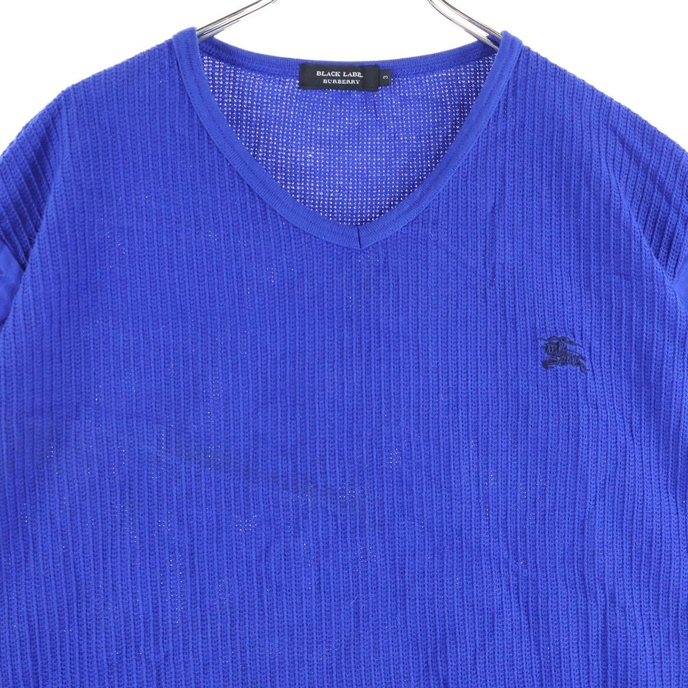 BURBERRY BLACK LABEL(バーバリー ブラックレーベル) ワンポイントロゴ刺繍 Vネック ワッフル生地 長袖Tシャツ カットソー ブルー D1P24-123-25