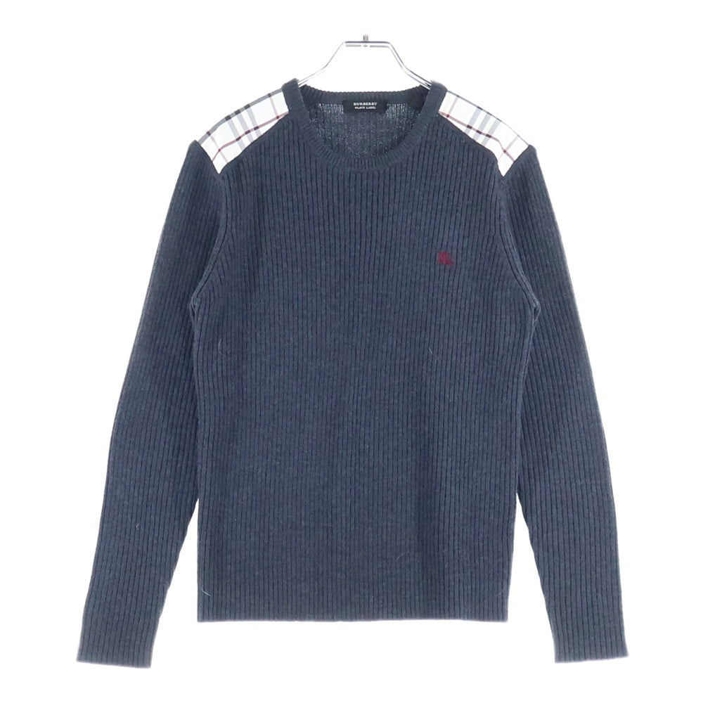 BURBERRY BLACK LABEL(バーバリー ブラックレーベル) ワンポイントロゴ刺繍 ノバチェック柄切り替え クルーネック ウール ニット セーター グレー BMT11-510-07