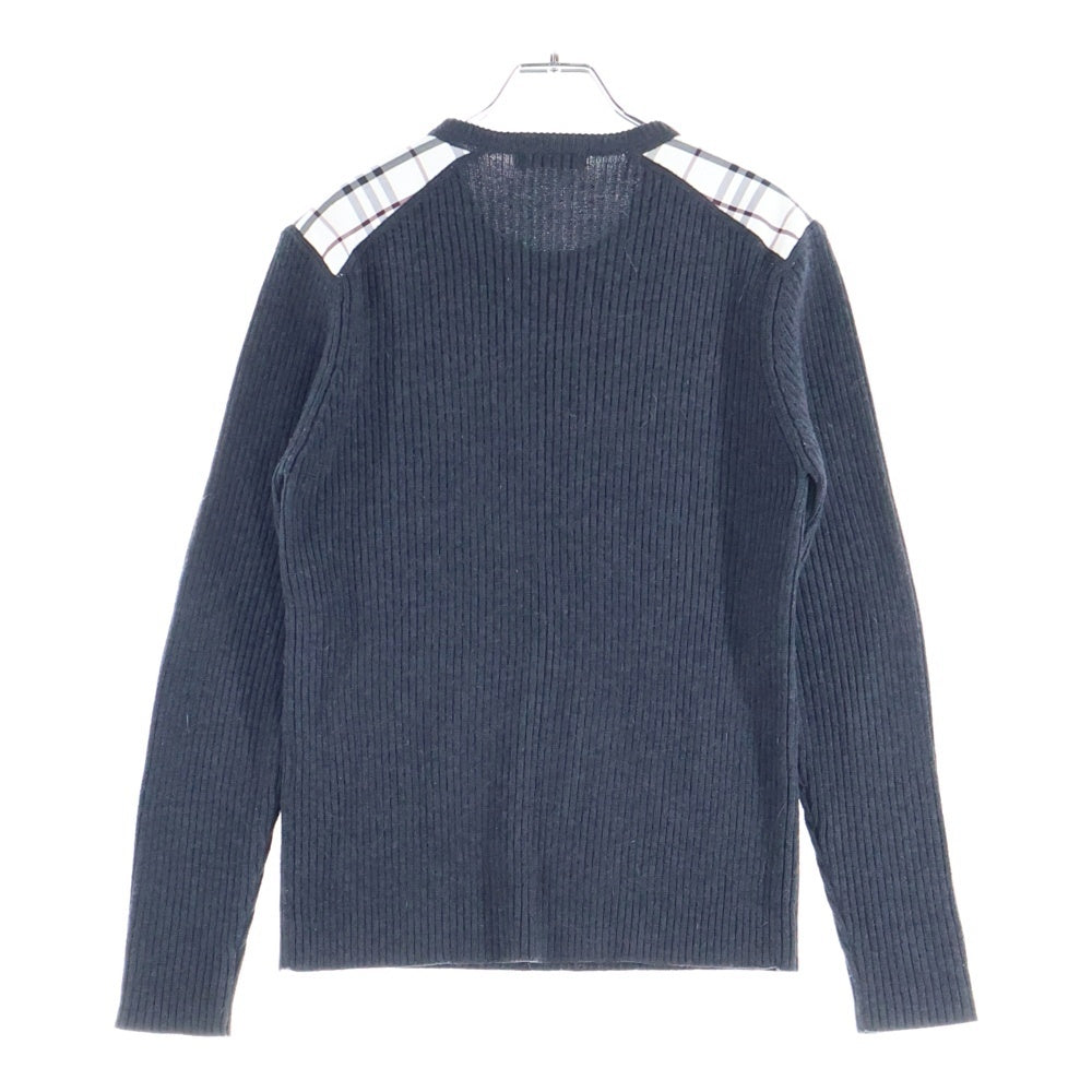 BURBERRY BLACK LABEL(バーバリー ブラックレーベル) ワンポイントロゴ刺繍 ノバチェック柄切り替え クルーネック ウール ニット セーター グレー BMT11-510-07