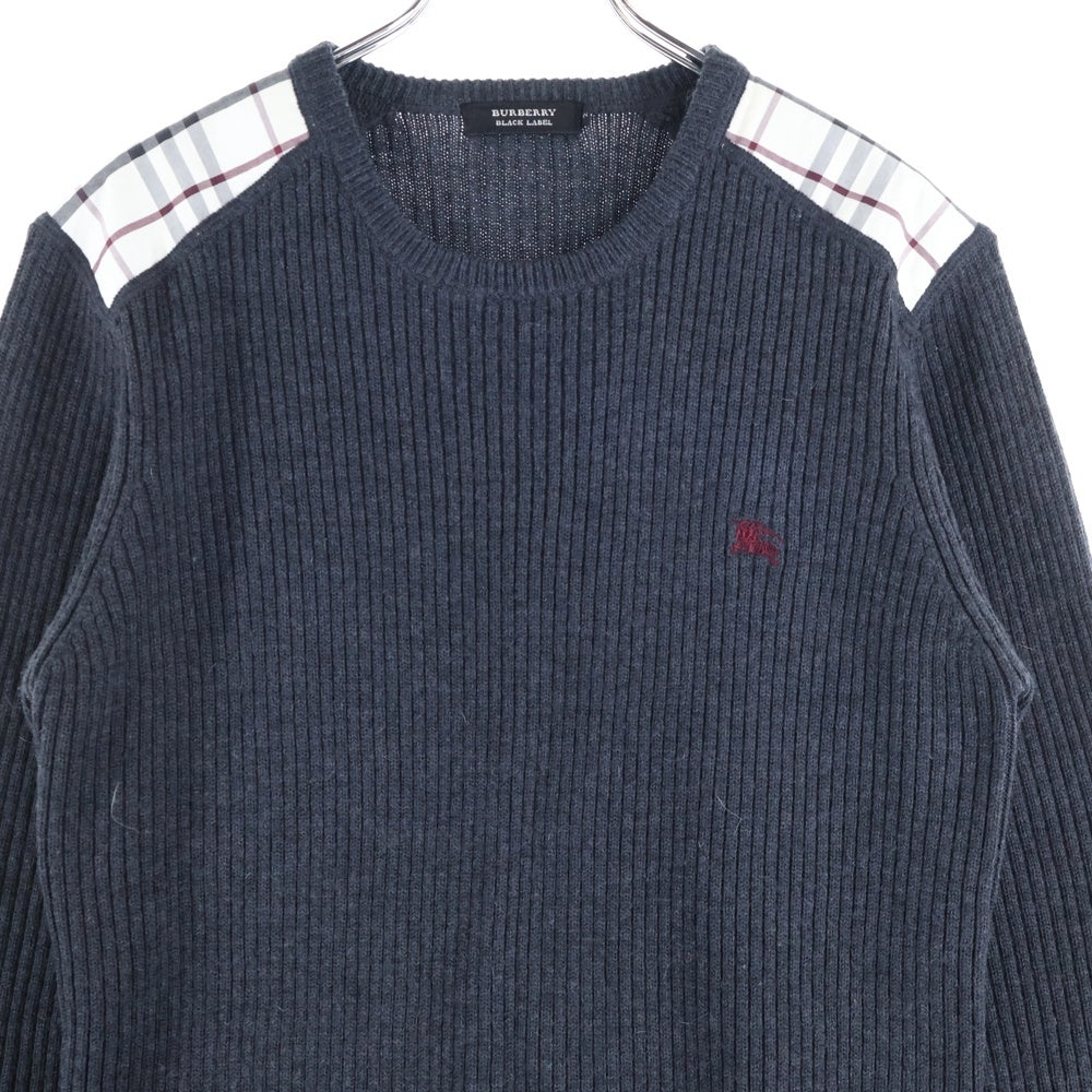 BURBERRY BLACK LABEL(バーバリー ブラックレーベル) ワンポイントロゴ刺繍 ノバチェック柄切り替え クルーネック ウール ニット セーター グレー BMT11-510-07