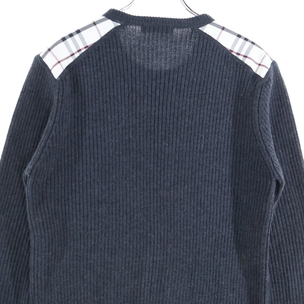 BURBERRY BLACK LABEL(バーバリー ブラックレーベル) ワンポイントロゴ刺繍 ノバチェック柄切り替え クルーネック ウール ニット セーター グレー BMT11-510-07