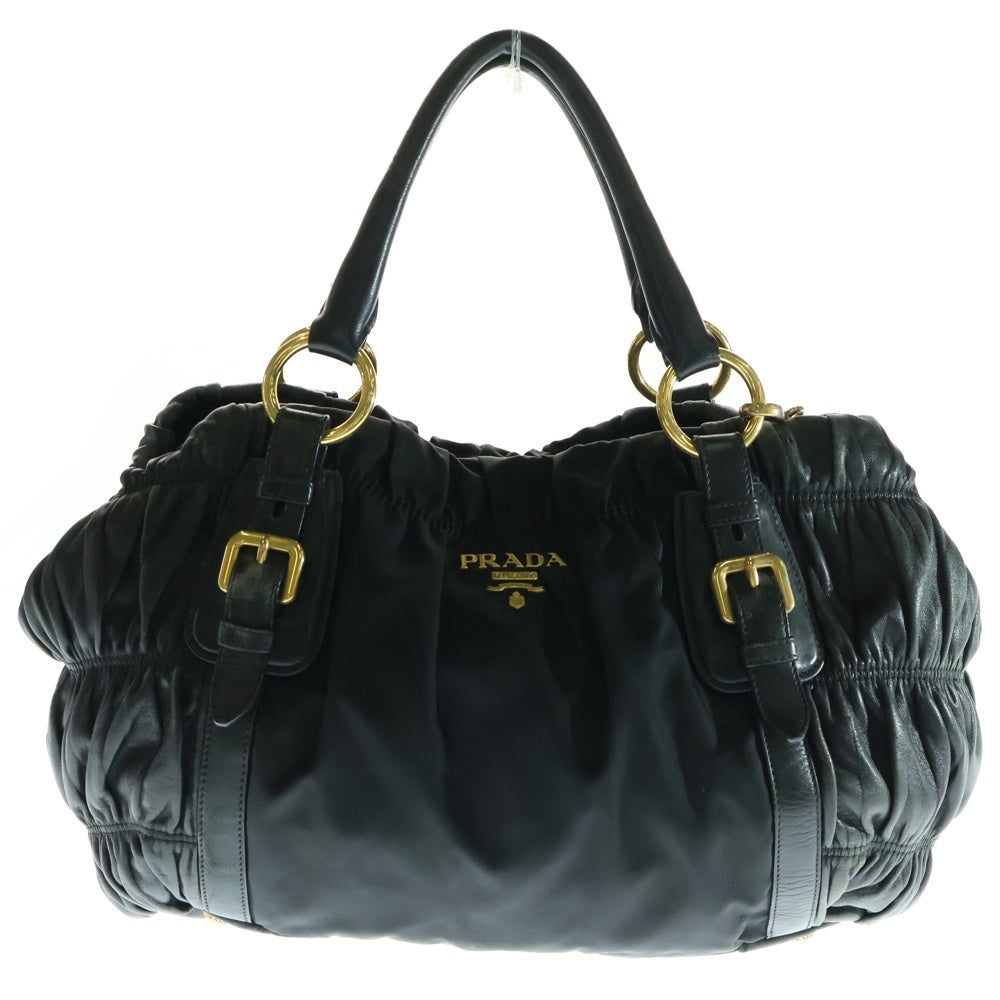 PRADA(プラダ) ロゴプレート テスートナイロン レザー ハンド トートバッグ ゴールド金具 ブラック BN1791
