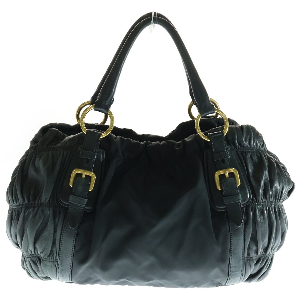PRADA(プラダ) ロゴプレート テスートナイロン レザー ハンド トートバッグ ゴールド金具 ブラック BN1791