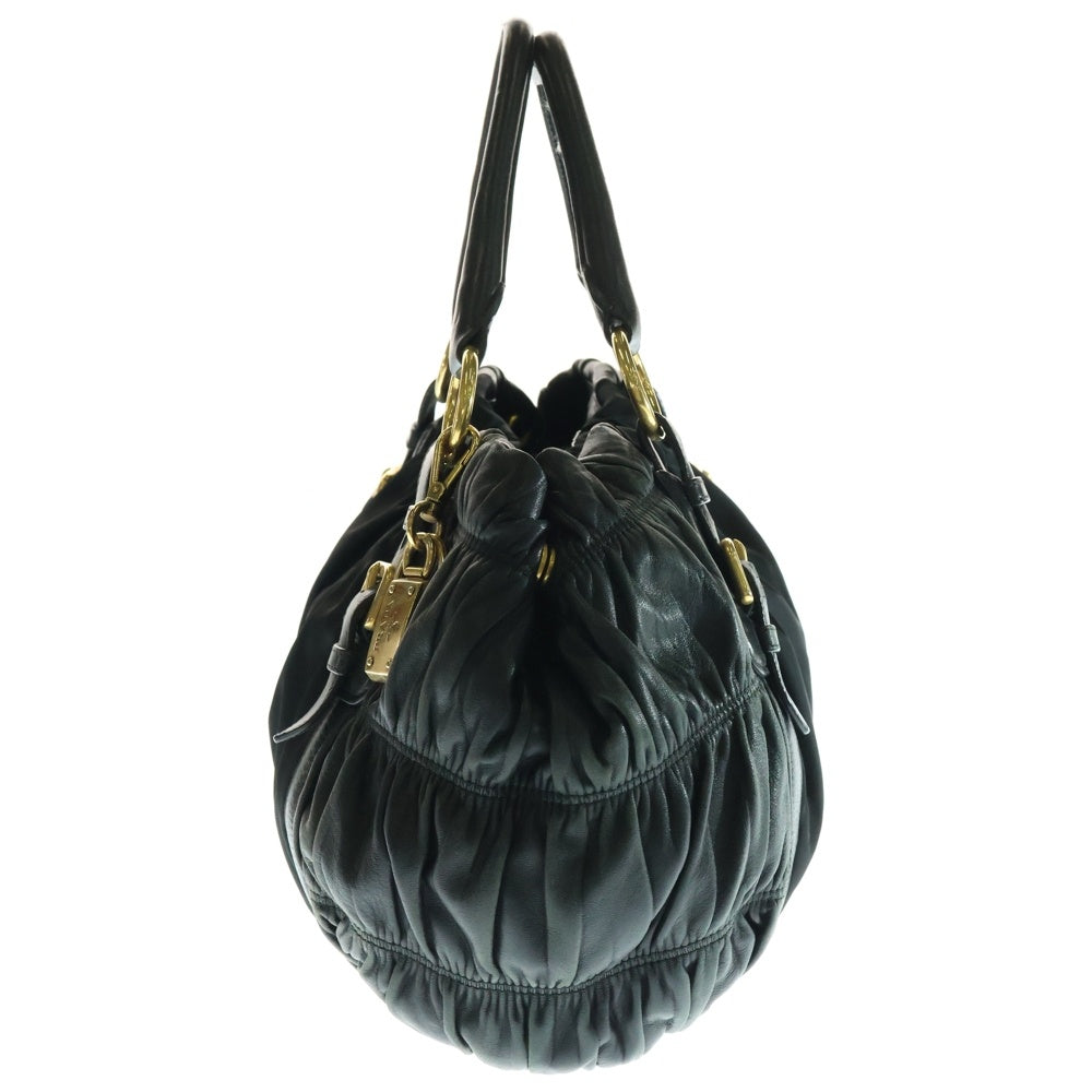 PRADA(プラダ) ロゴプレート テスートナイロン レザー ハンド トートバッグ ゴールド金具 ブラック BN1791