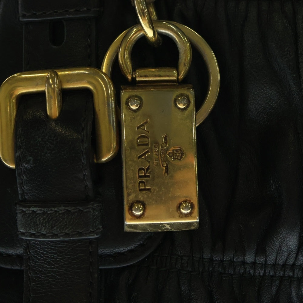 PRADA(プラダ) ロゴプレート テスートナイロン レザー ハンド トートバッグ ゴールド金具 ブラック BN1791