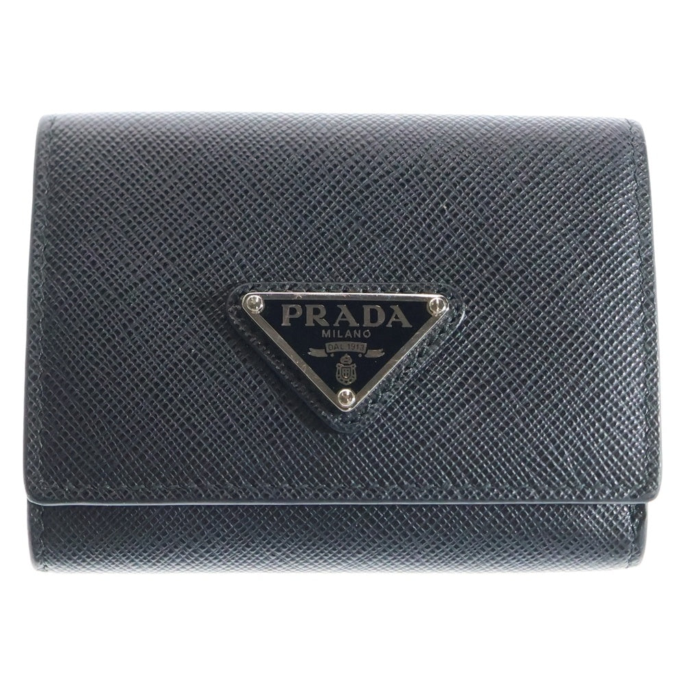 PRADA(プラダ) サフィアーノ 三つ折り財布 コンパクトウォレット コインケース ブラック シルバー金具 レザー 2MH042