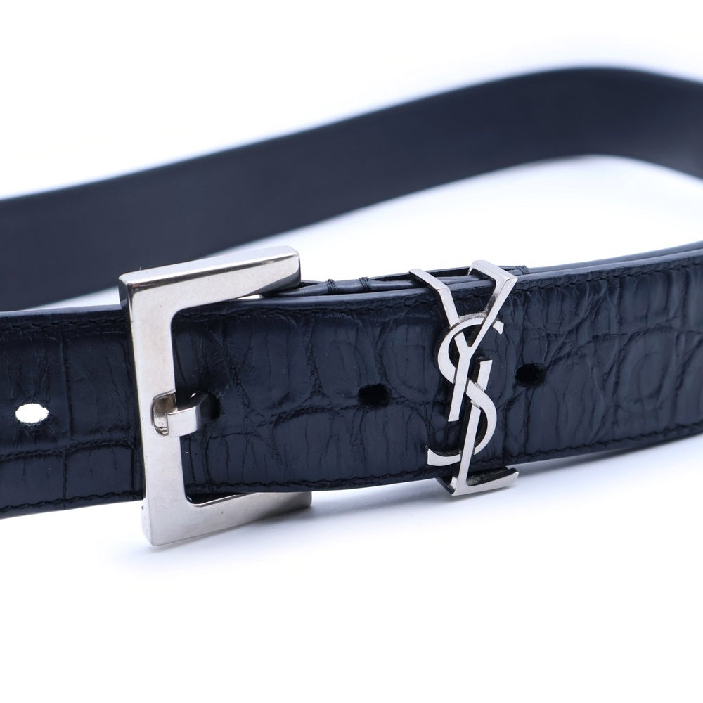 SAINT LAURENT PARIS(サンローランパリ) カサンドラロゴプレート スクエアバックル クロコ型押し エンボスレザー ベルト ブラック/シルバー 634440