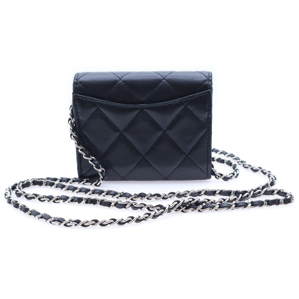 CHANEL(シャネル) マトラッセ 二つ折りチェーンウォレット ラムスキン ブラック シルバー金具 レディース