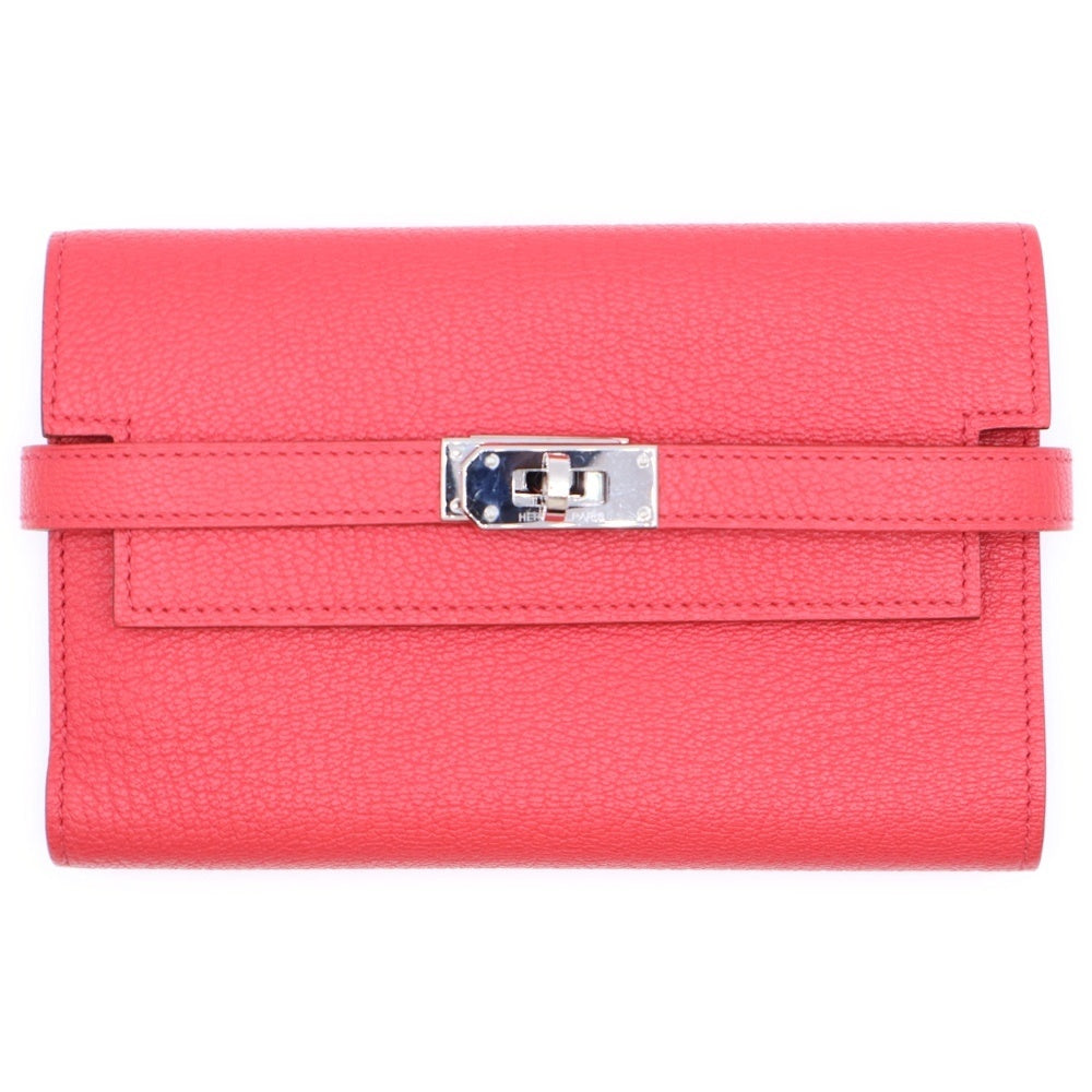 HERMES(エルメス) ケリーウォレット ミディアム コンパクトウォレット 三つ折り財布 ピンクレッド エプソン □N刻印 シルバー金具