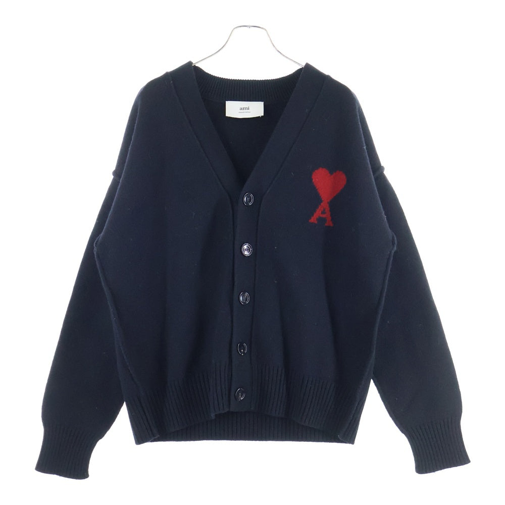 ami paris(アミパリス) Ami De Coeur アミ ドゥ クール ハートロゴ ジャガード ウールニット 長袖カーディガン ブラック UKC367.018