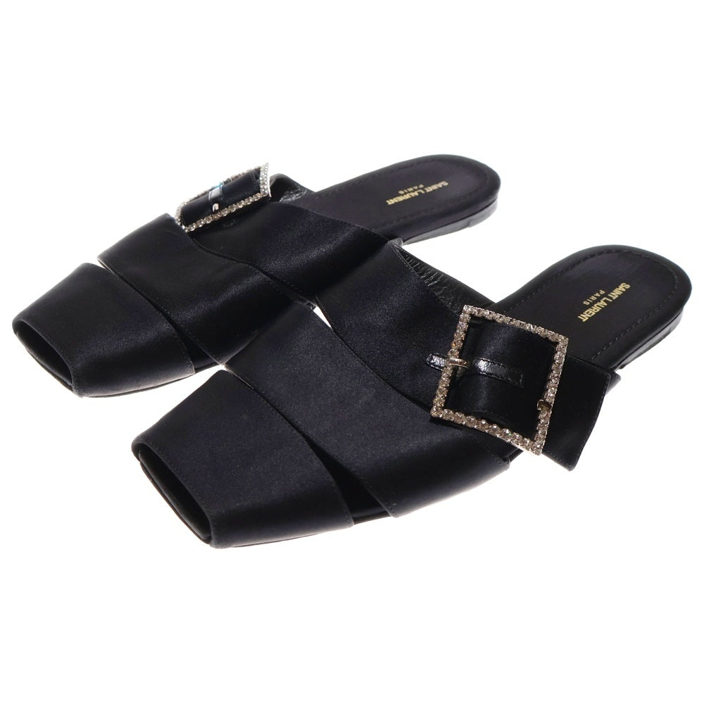 SAINT LAURENT PARIS(サンローランパリ) ビジュースクエアバックル サテン レザー シューズ サンダル ミュール ブラック 733428
