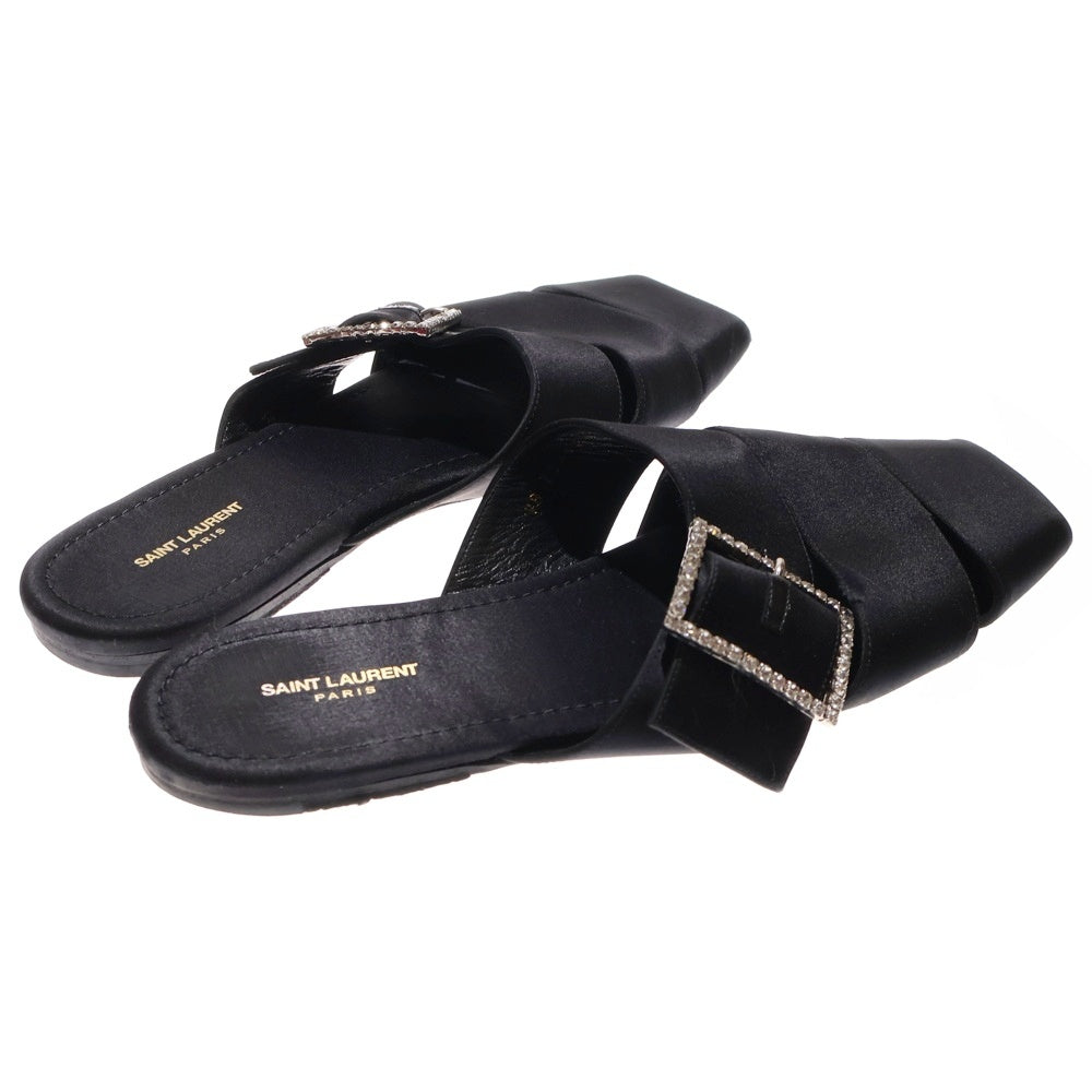 SAINT LAURENT PARIS(サンローランパリ) ビジュースクエアバックル サテン レザー シューズ サンダル ミュール ブラック 733428