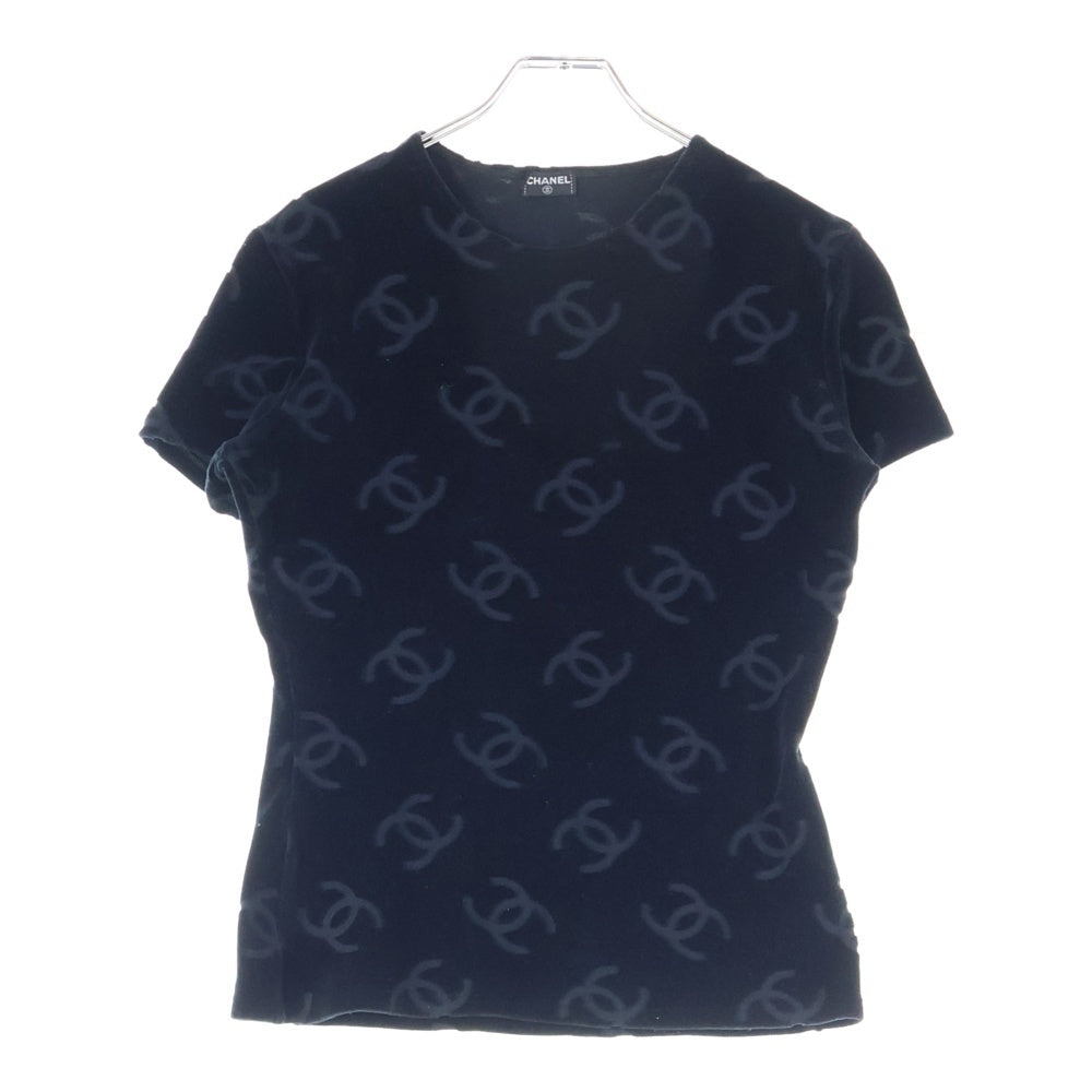 CHANEL(シャネル) ココマーク 総柄 ベロア クルーネック 半袖Tシャツ カットソー ブラック レディース