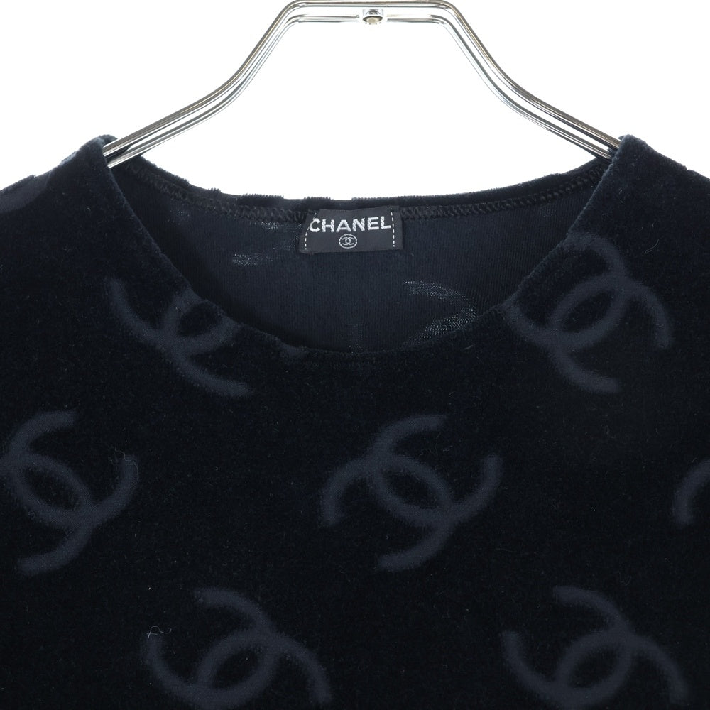 CHANEL(シャネル) ココマーク 総柄 ベロア クルーネック 半袖Tシャツ カットソー ブラック レディース