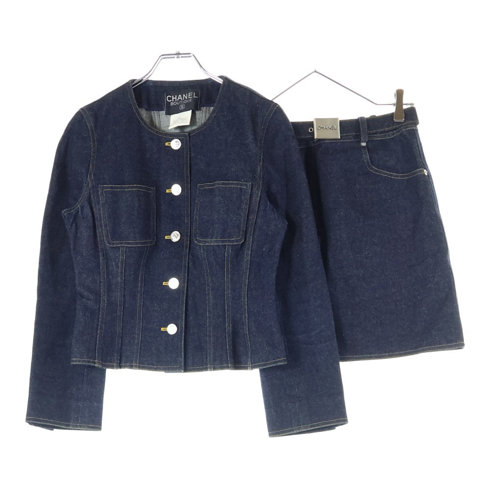 CHANEL(シャネル) 96P スプリングコレクション セットアップ ベルト付き ココマークボタン デニム ノーカラー トラッカージャケット タイト ミニスカート レディース P07055V04732