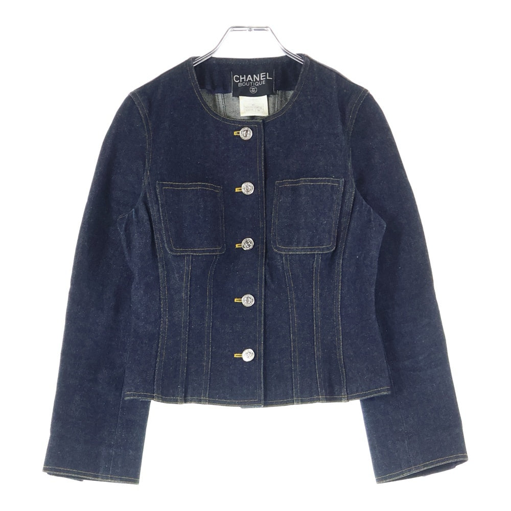 CHANEL(シャネル) 96P スプリングコレクション セットアップ ベルト付き ココマークボタン デニム ノーカラー トラッカージャケット タイト ミニスカート レディース P07055V04732