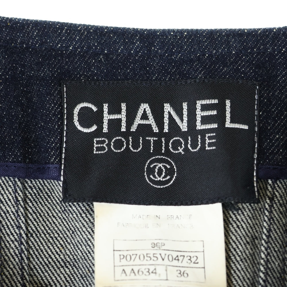 CHANEL(シャネル) 96P スプリングコレクション セットアップ ベルト付き ココマークボタン デニム ノーカラー トラッカージャケット タイト ミニスカート レディース P07055V04732