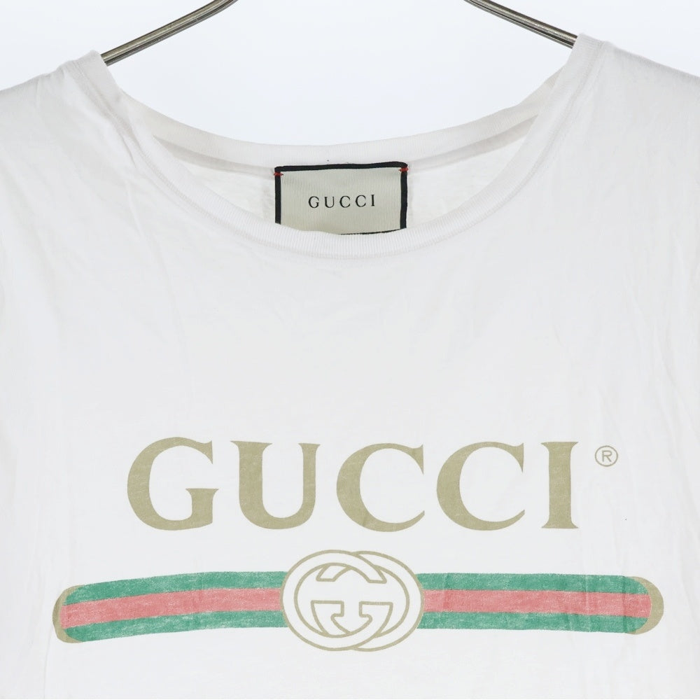 GUCCI(グッチ) ヴィンテージロゴプリント ウォッシュ加工 クルーネック 半袖Tシャツ カットソー ホワイト 440103 レディース