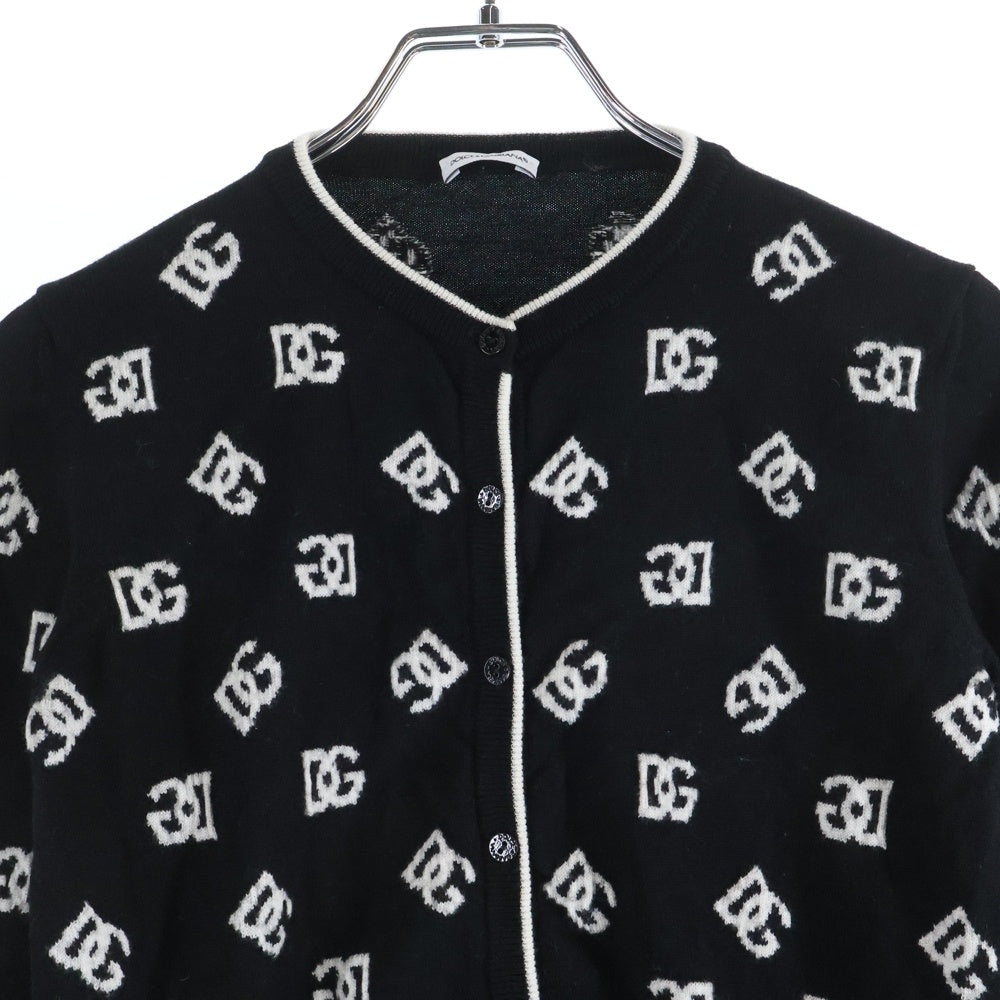 DOLCE & GABBANA(ドルチェアンドガッバーナ) ロゴ 総柄ジャガード ウールニット クルーネック カーディガン ブラック レディース L5KWI0