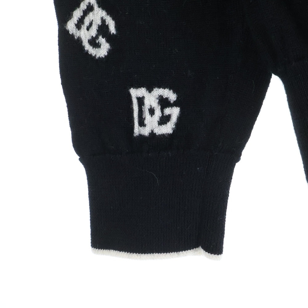 DOLCE & GABBANA(ドルチェアンドガッバーナ) ロゴ 総柄ジャガード ウールニット クルーネック カーディガン ブラック レディース L5KWI0