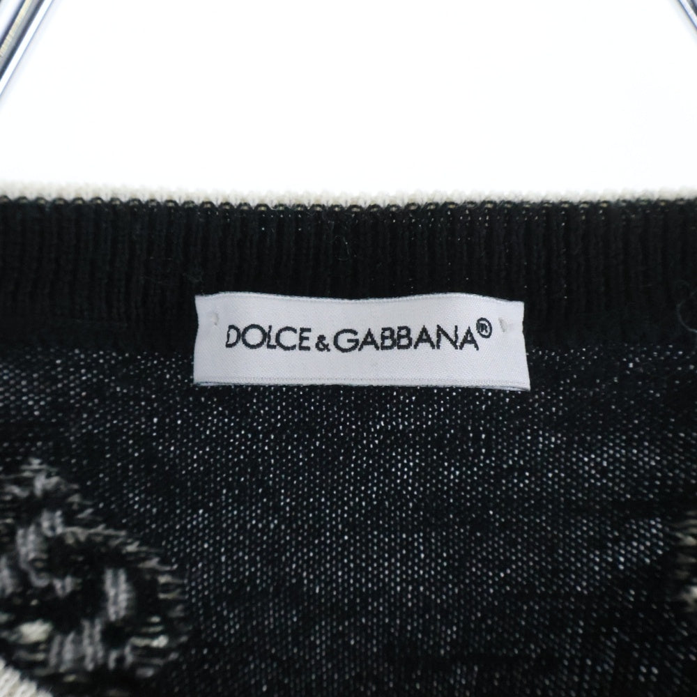 DOLCE & GABBANA(ドルチェアンドガッバーナ) ロゴ 総柄ジャガード ウールニット クルーネック カーディガン ブラック レディース L5KWI0