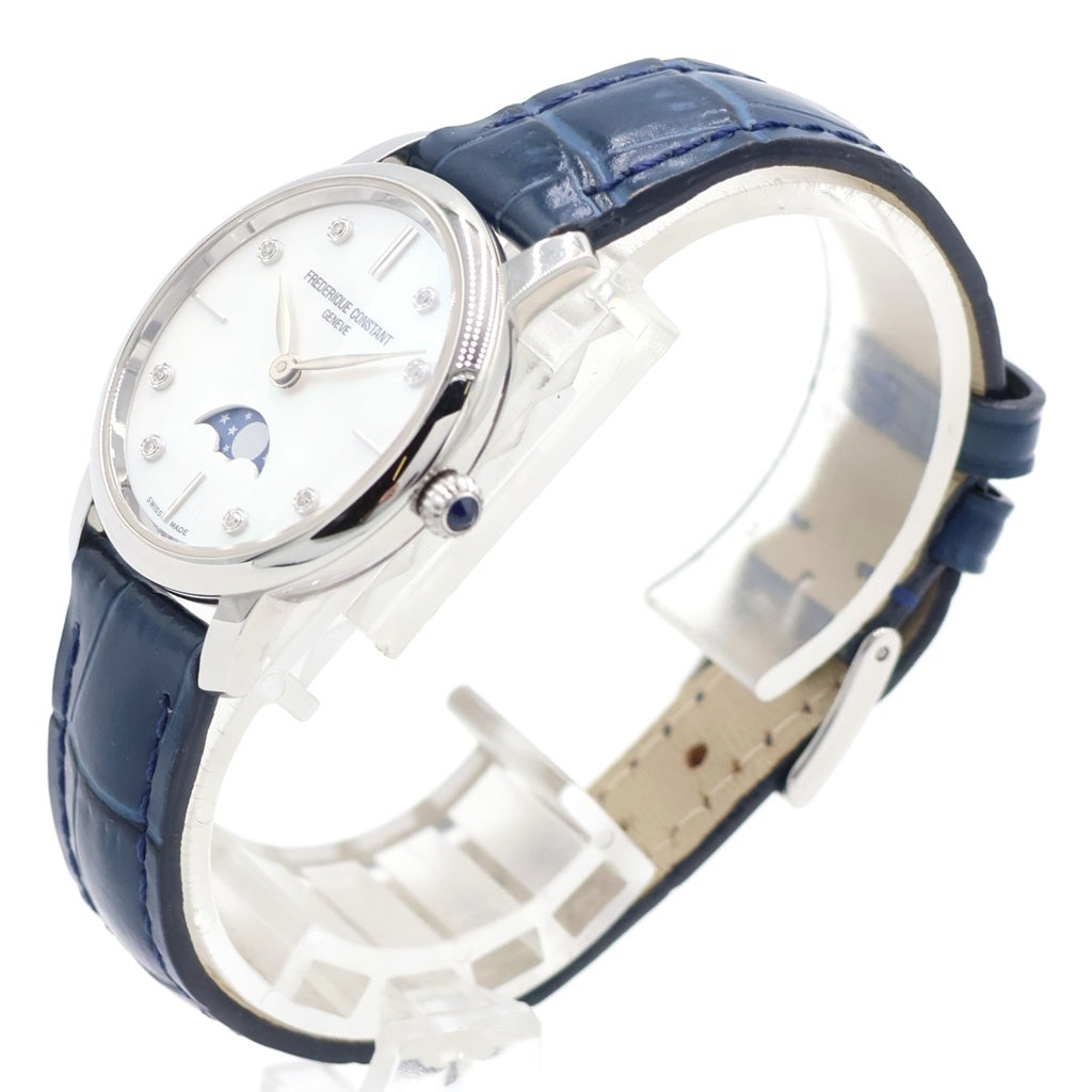 FREDERIQUE CONSTANT(フレデリックコンスタント) スリムラインムーンフェイズ ダイヤインデックス ホワイトシェル文字盤 ステンレス/レザー クォーツ 腕時計 206MPWD1S6 レディース