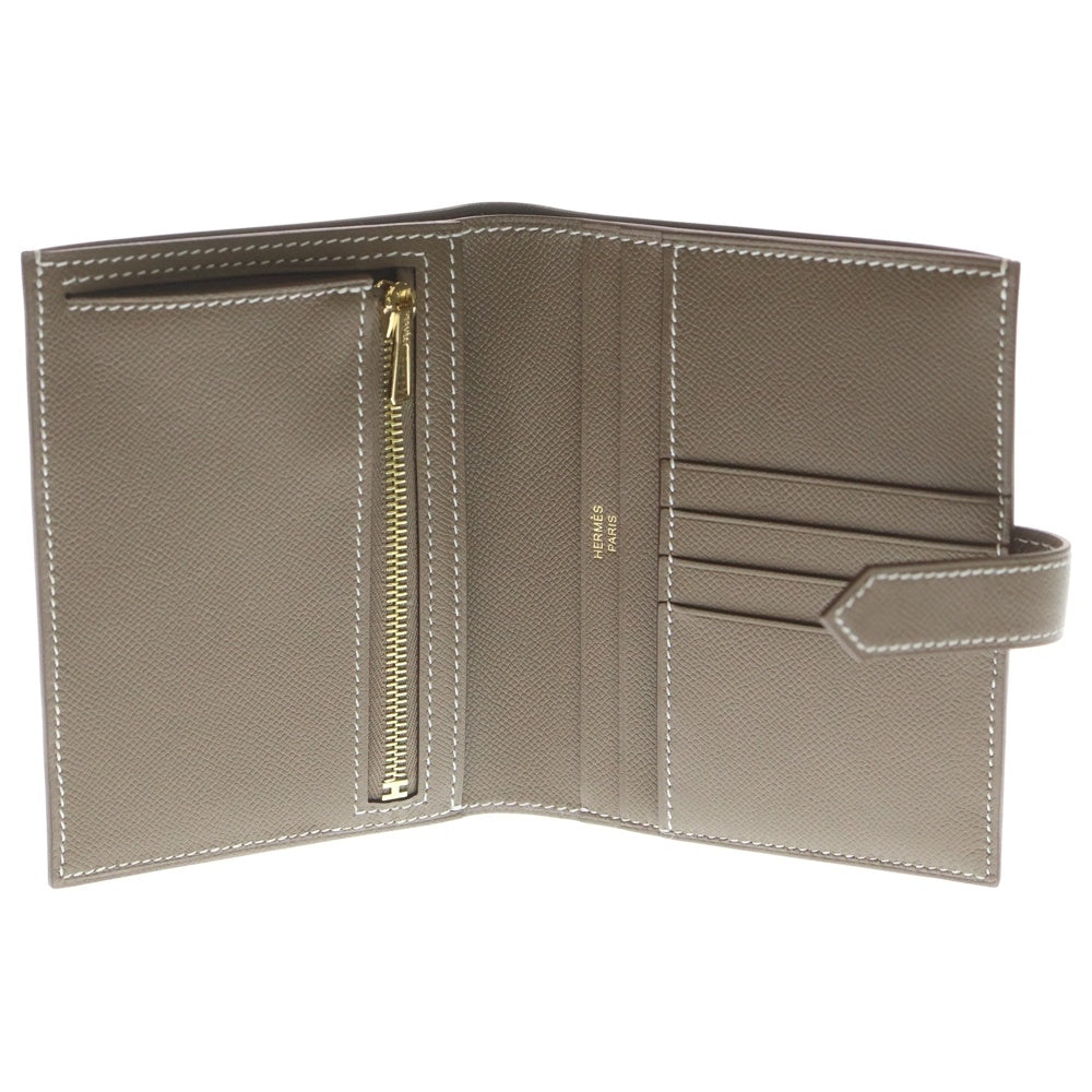 HERMES(エルメス) ベアンコンパクト エプソン エトゥープ コンパクトウォレット 二つ折り財布 グレージュ ブラウン レザー ゴールド金具 K刻印