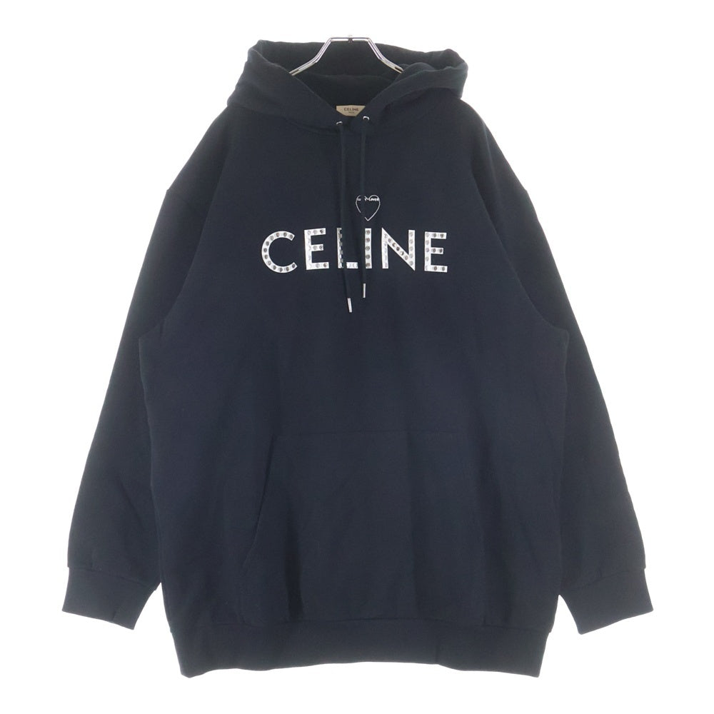 CELINE(セリーヌ) スタッズ ロゴプリント オーバーサイズ プルオーバー スウェットパーカー フーディー ブラック 2Y701670Q