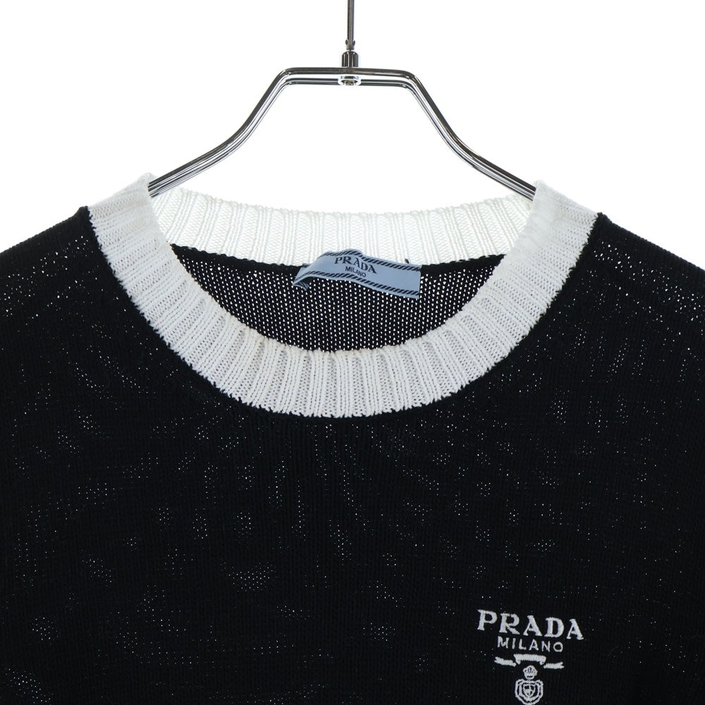 PRADA(プラダ) 24AW ロゴ刺繍 クロップド クルーネック 半袖ニット セーター ブラック レディース P24I1R