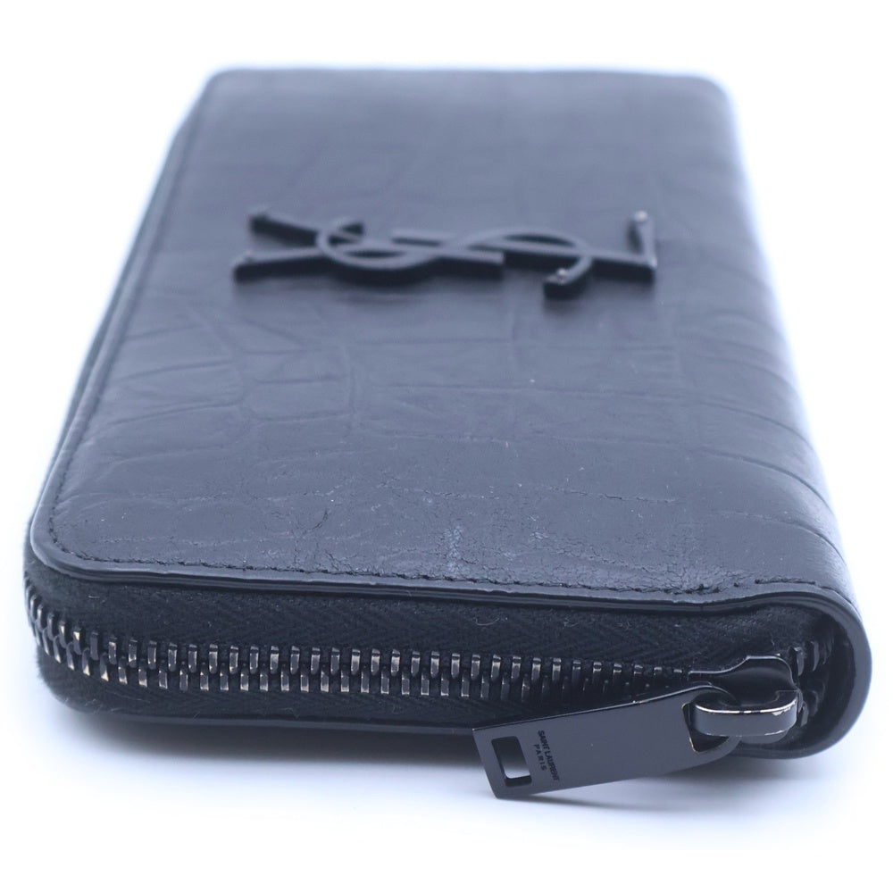 SAINT LAURENT PARIS(サンローランパリ) クロコ 型押しレザー ロゴ ラウンドジップ ロングウオレット 長財布 ブラック 617415