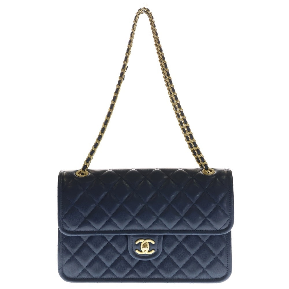 CHANEL(シャネル) マトラッセ チェーンショルダーバッグ シングルフラップ ダブルチェーン ネイビー キャビアスキン ゴールド金具 レディース