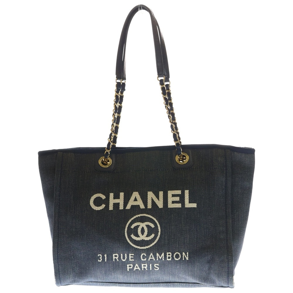 CHANEL(シャネル) ドーヴィルMM トートバック ハンドバッグ ネイビー キャンバス ゴールド金具 レディース