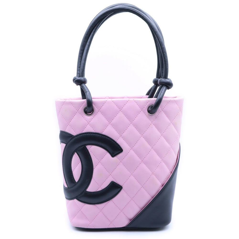 CHANEL(シャネル) カンボンライン キルティング ハンドバッグ トートバッグ ピンク×ブラック ラムスキン シルバー金具 レディース