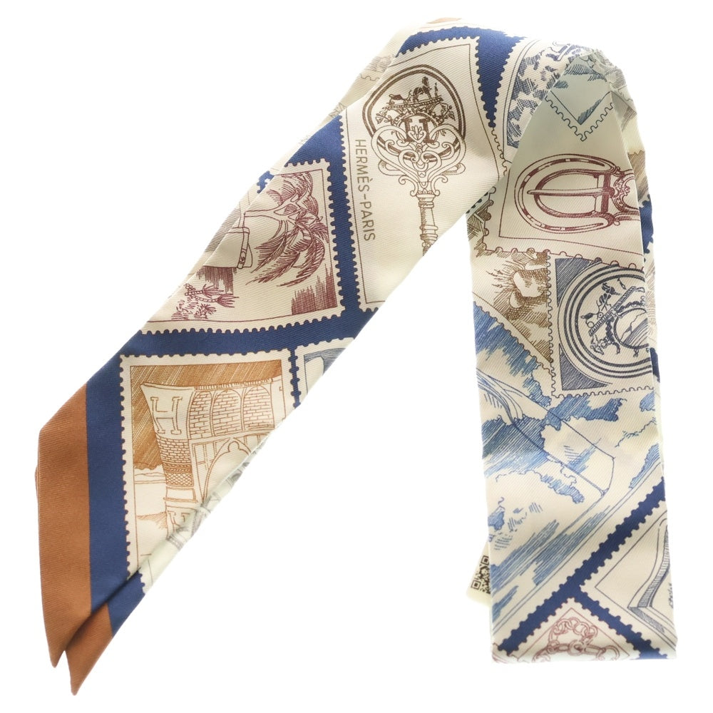 HERMES(エルメス) ツイリー フォーブルの切手愛好家 シルクスカーフ ネイビー×ブラウン レディース