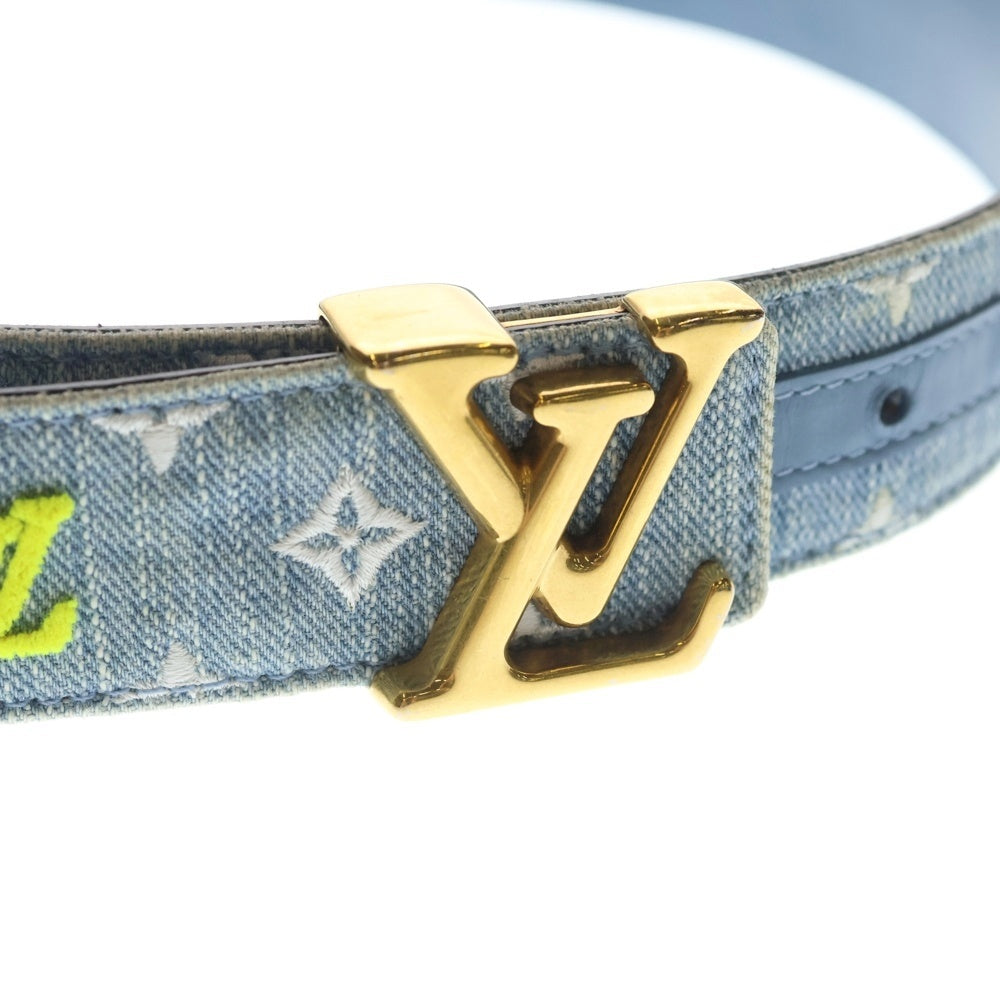 LOUIS VUITTON(ルイヴィトン) LVニューウェーブ モノグラム刺繍 デニム レザー ベルト ゴールド金具 インディゴ M0146 レディース