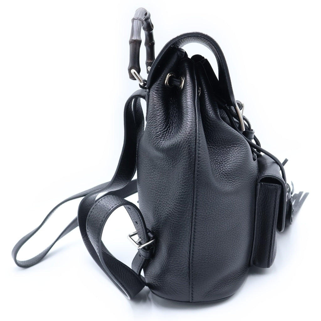 GUCCI(グッチ) バンブー レザー スモール バックパック ブラック タッセル カーフスキン リュックサック デイパック フリンジ ブラック レザー 387149 シルバー金具 レディース