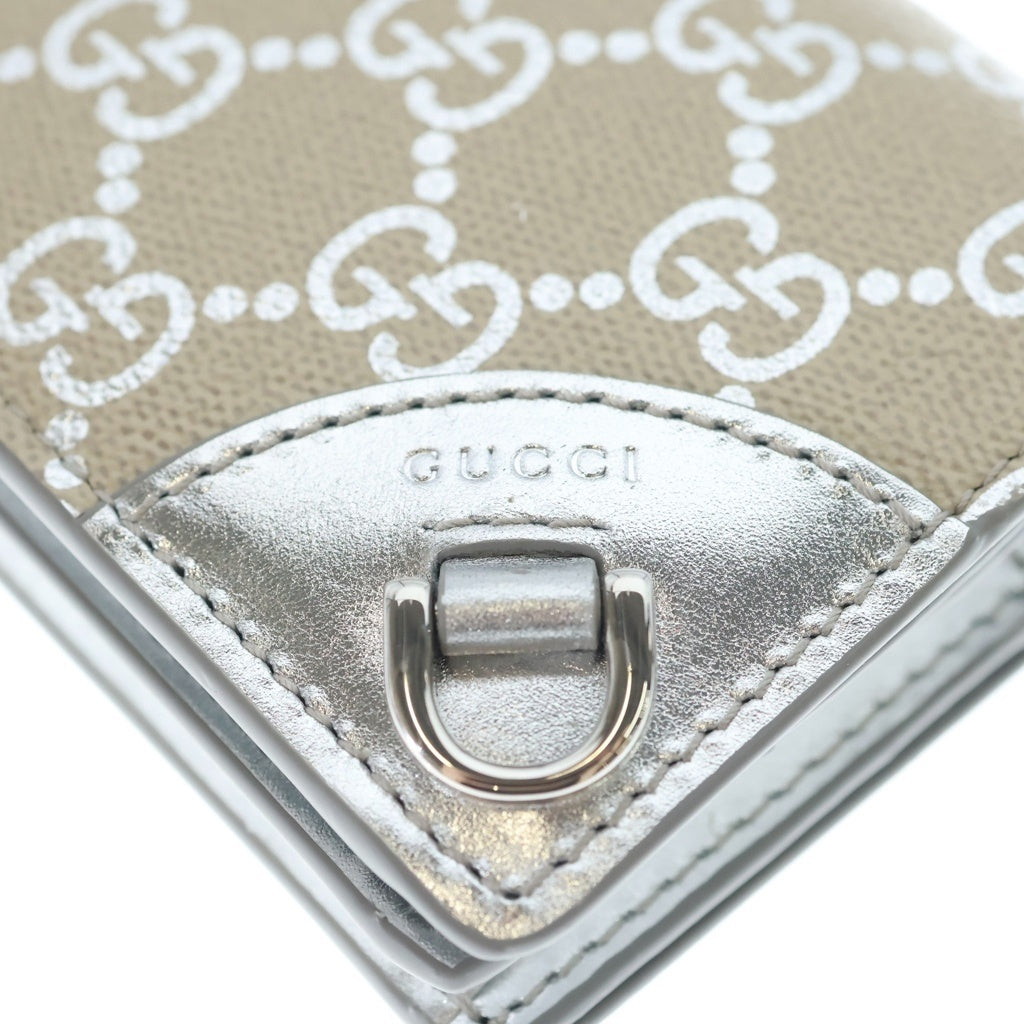 GUCCI(グッチ) GGエンブレム コンパクトウォレット 三つ折り財布 コインケース ベージュ PVC 820692 シルバー金具 レディース