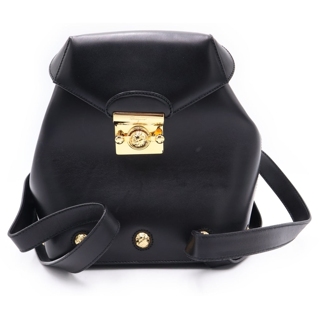 FERRAGAMO(フェラガモ) ガンチーニ リュックサック バックパック ブラック レザー ゴールド金具 レディース