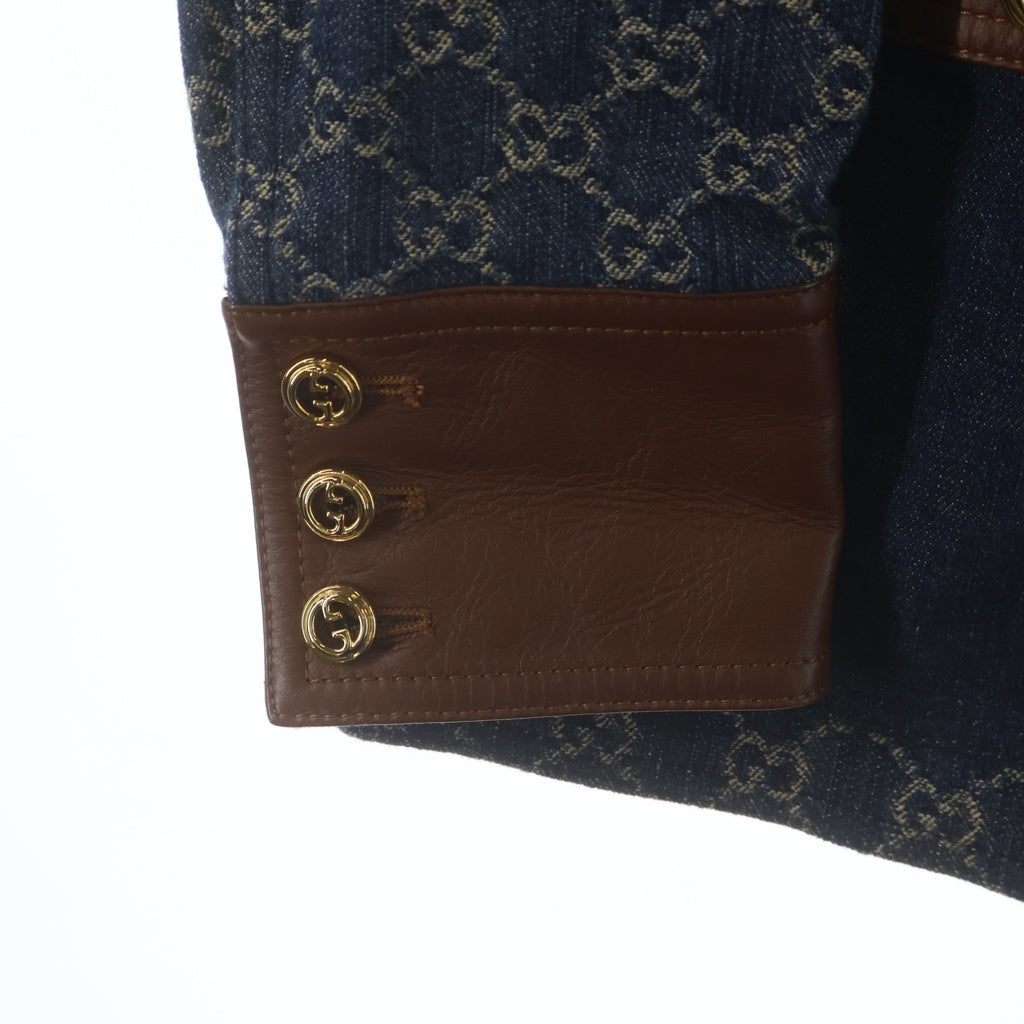 GUCCI(グッチ) GGデニム レザー切替 スクエアパッチ ベルテッド ジャケット インディゴブルー #40 652658 レディース