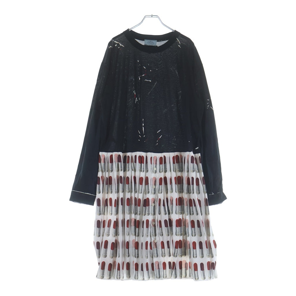 PRADA(プラダ) リップスティック プリントドッキング長袖ワンピース ドレス ブラック/ホワイト/レッド 34574 S182 1SFV レディース