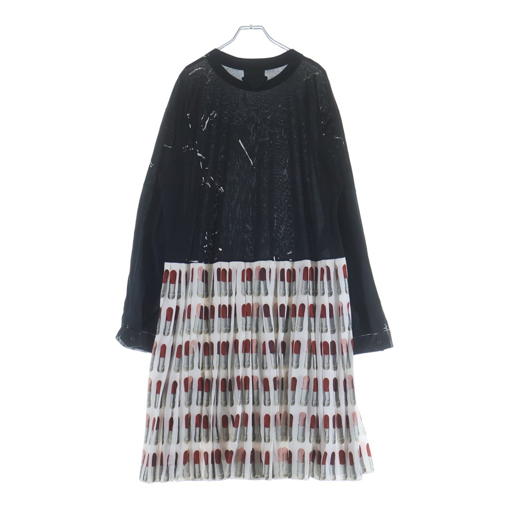 PRADA(プラダ) リップスティック プリントドッキング長袖ワンピース ドレス ブラック/ホワイト/レッド 34574 S182 1SFV レディース