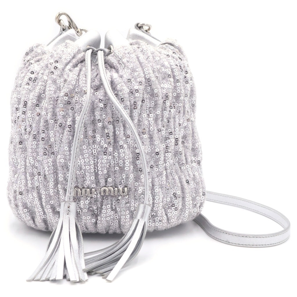 miumiu(ミュウミュウ) スパンコール タッセル フリンジ 巾着バッグ ショルダーバッグ シルバー レディース