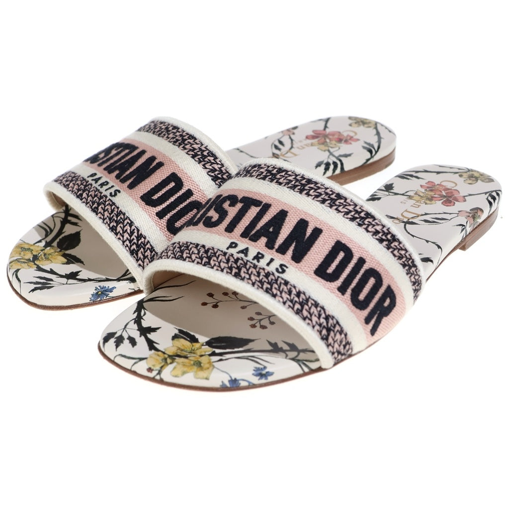 Christian Dior(クリスチャンディオール) ロゴ フラワー総柄 キャンバス レザー フラット スライドサンダル シューズ レディース ホワイト KCQ209RMES89Z