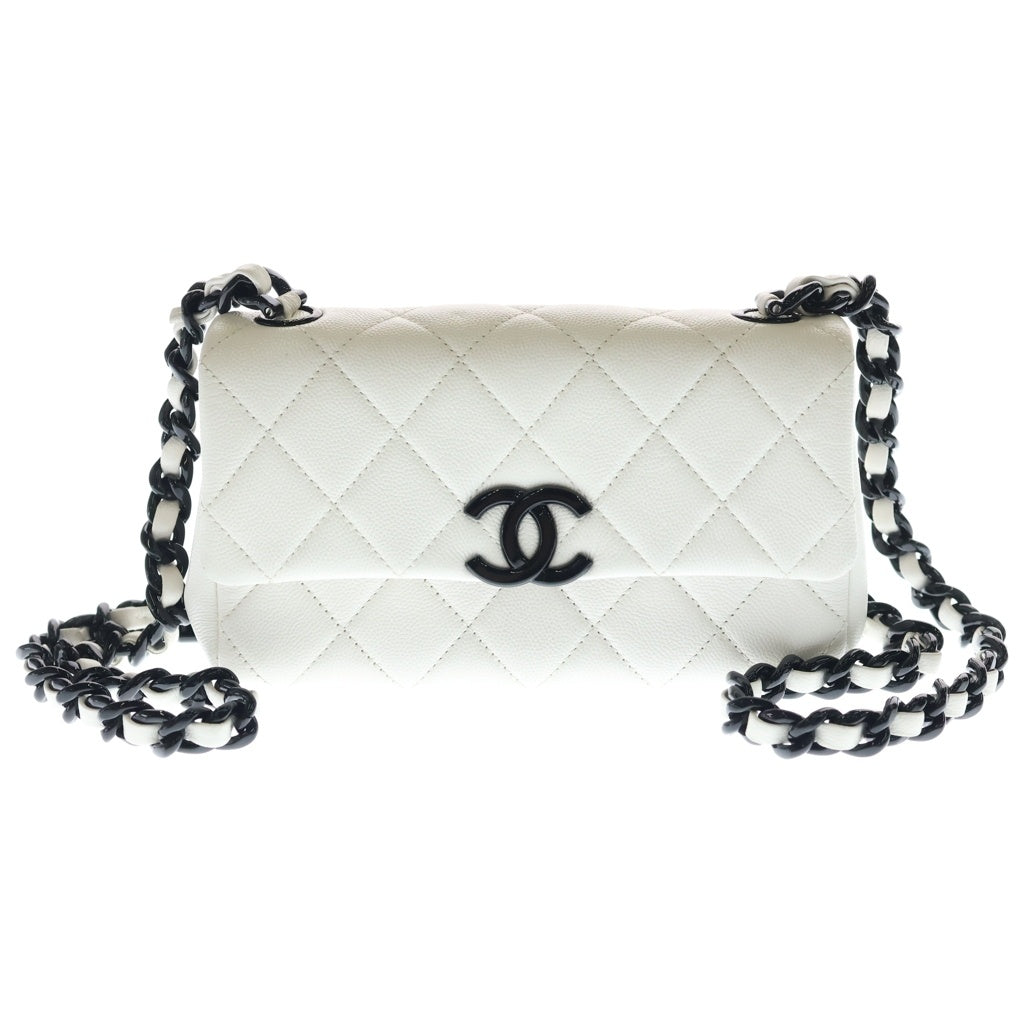 CHANEL(シャネル) ココマーク スモールフラップショルダーバッグ チェーンバッグ ホワイト キャビアスキン AS2302 ブラック金具 レディース